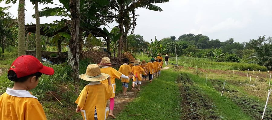 Pupils walking to a farm on a field trip